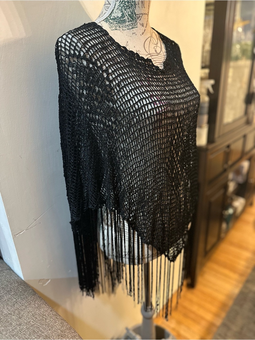 Reaction Kenneth Cole Black Crochet Fringe Poncho Shawl